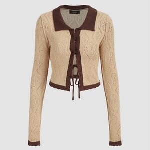 Cider Beige & Brown Tie-Front Cropped Knit Cardigan
